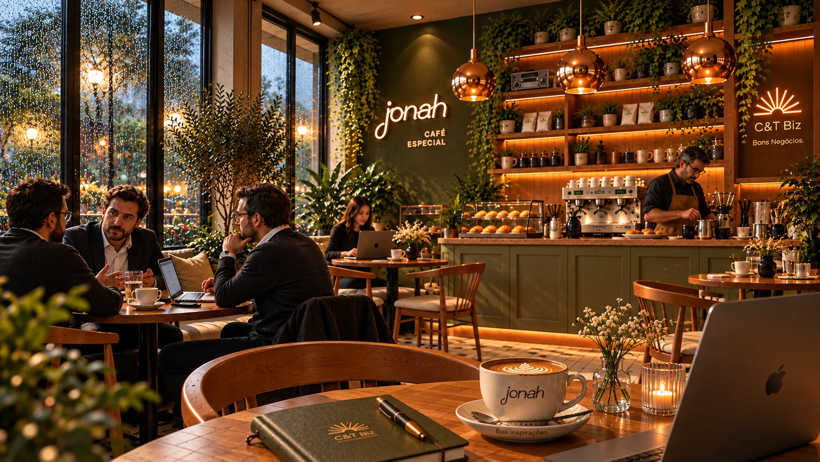 Café com a marca jonah no fim da tarde: pessoas trabalhando nas mesas, o barista no balcão e uma xícara com o logo jonah em primeiro plano.
